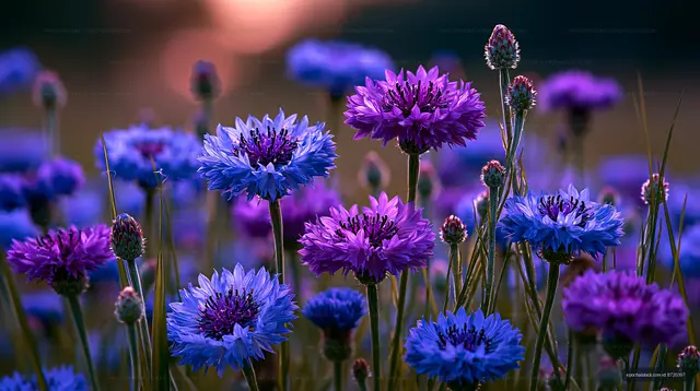 Colorful flowers in a field at sunset