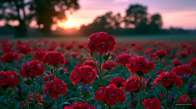Bright red flowers in a field during sunset