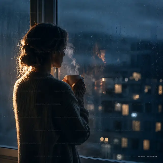 Woman holding a cup near window on a rainy evening