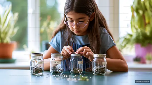 Child counting coins in jars at home