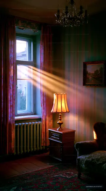 Light streaming through a window in a vintage living room