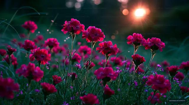 Colorful flowers in bloom during sunset