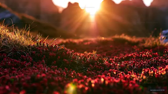 Sunrise over a field of red flowers in a mountain landscape