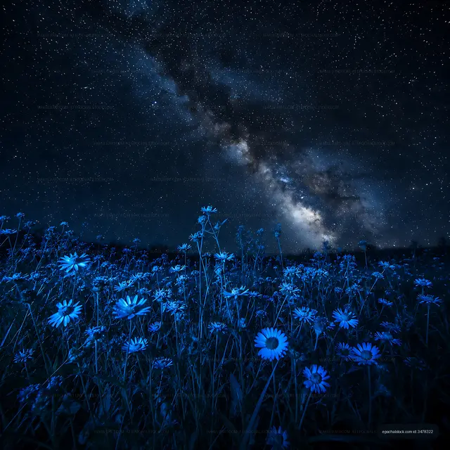 Stars shine over a field of blue flowers at night