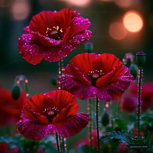 Red poppy flowers with dew under evening light