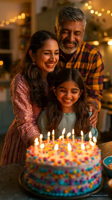 Family celebrates birthday with cake and candles at home