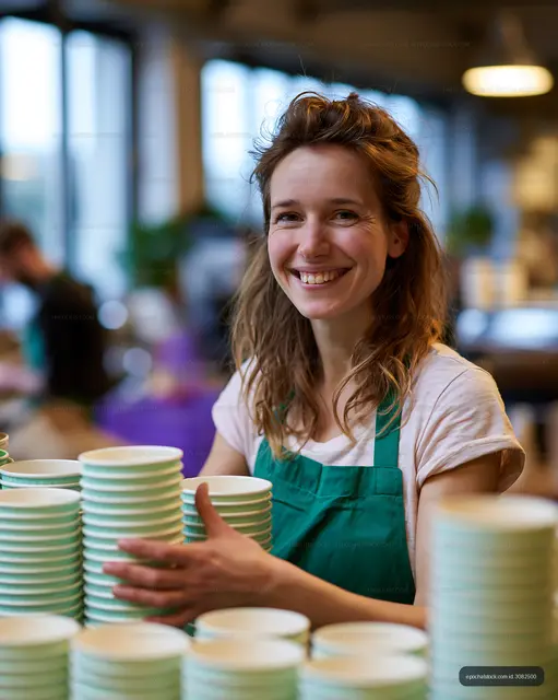 Woman stacking cups in a cafe with customers in the background