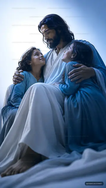 Jesus with two children in blue robes during a quiet moment