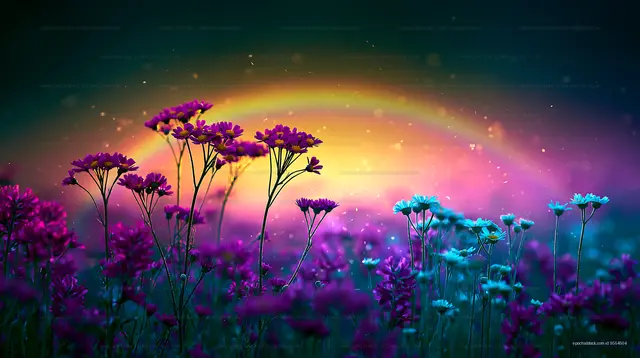 Colorful flowers under a bright sunset sky
