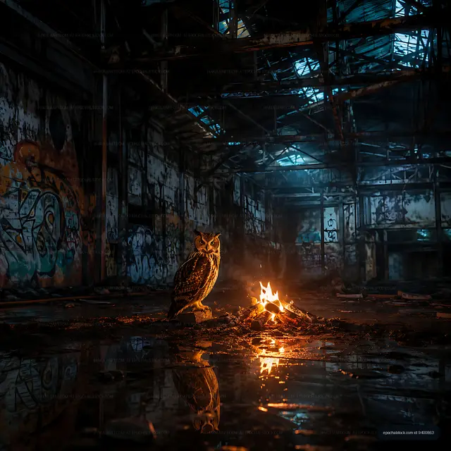 Owl standing near fire in old abandoned building
