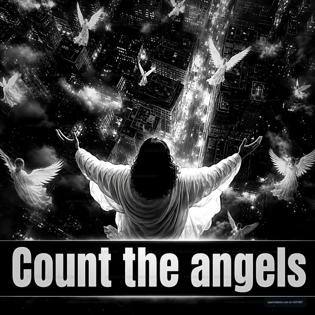 Count the angels in a city scene with a dramatic skyline