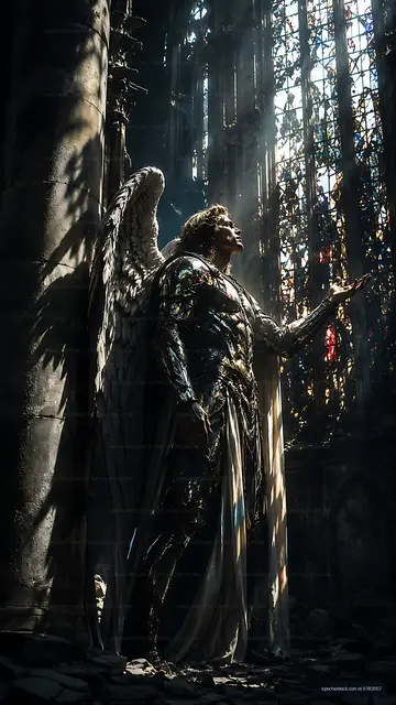 Angel statue inside an old cathedral with light shining through