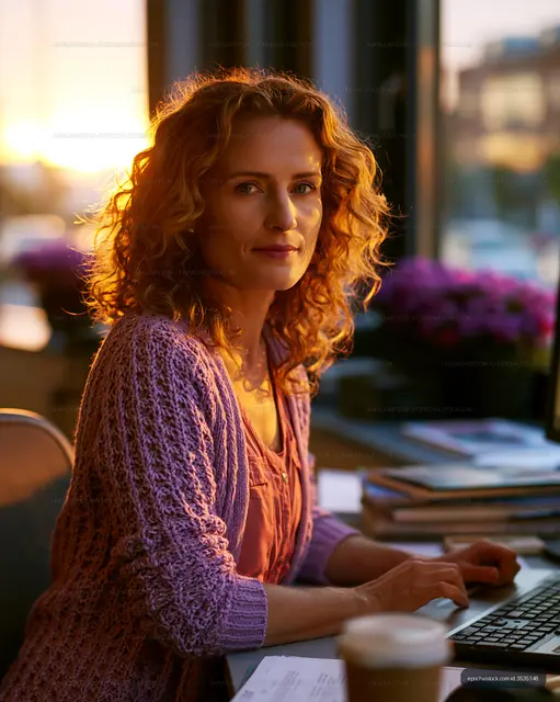 Woman working at desk during sunset in a cozy office space