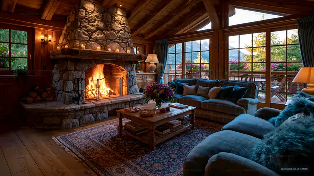 Cozy living room with fireplace and mountain view at sunset