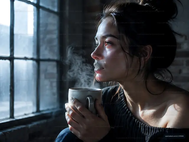 Woman enjoying coffee with steam in a cozy room