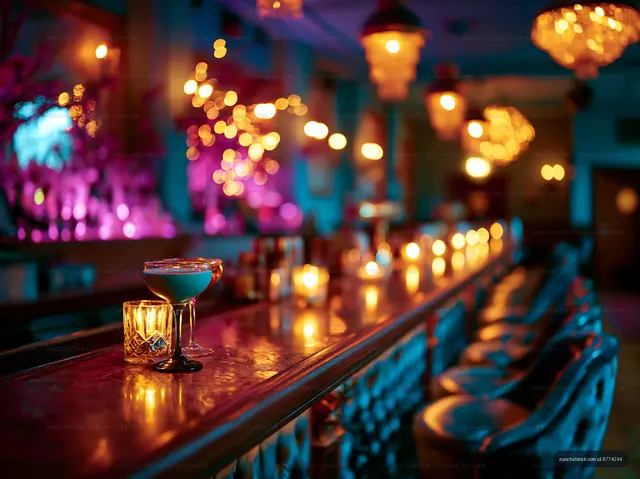 Bar scene with candles and colorful lights in a lounge
