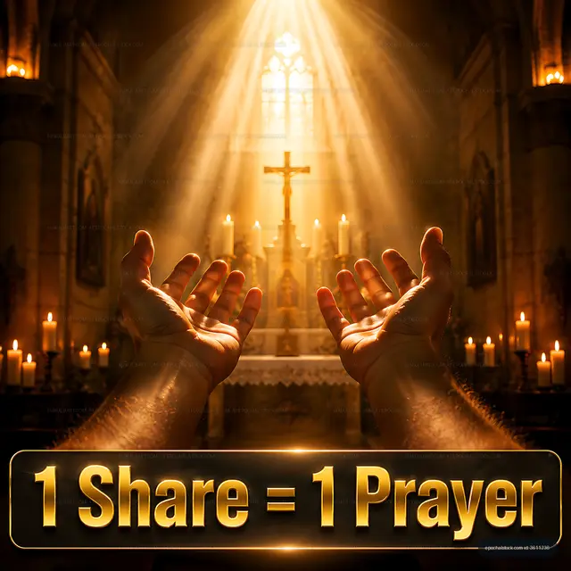 Hands raised in a church with light shining above the altar