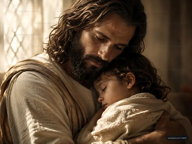 Emotional moment of a man holding a sleeping child indoors