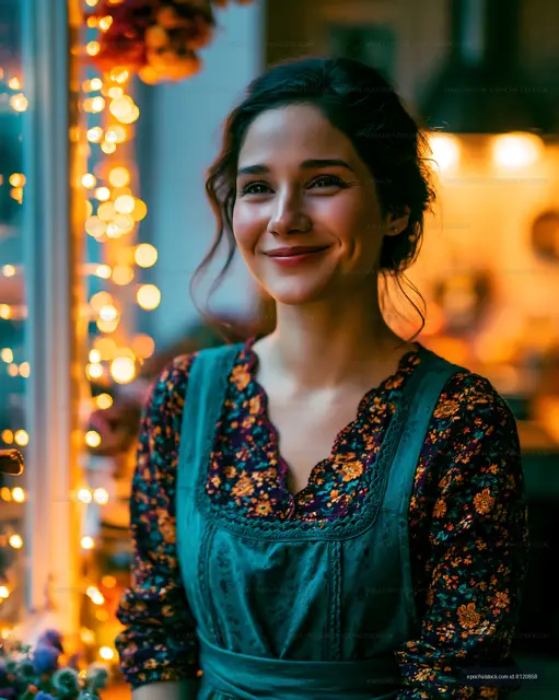Woman smiling by window with warm lights in indoor setting