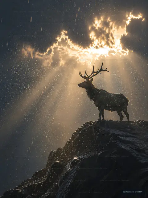 Majestic stag standing on a rock during rainstorm with sun rays