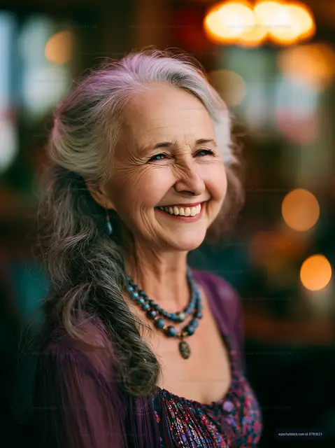 Smiling elderly woman with gray hair wearing jewelry