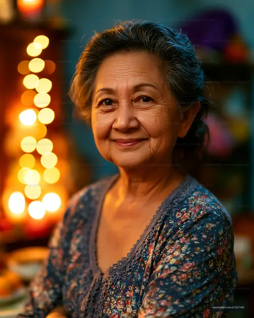 Senior woman smiling in cozy indoor setting with warm lights