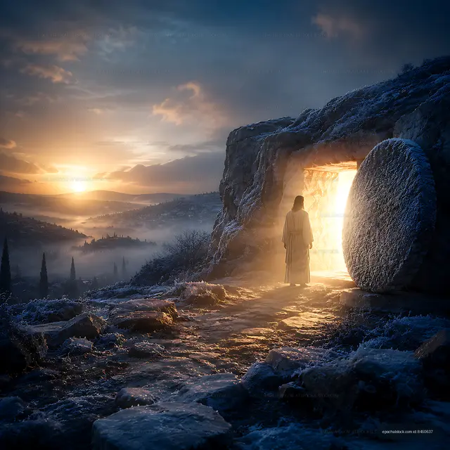 Man standing in front of an open stone tomb during sunrise