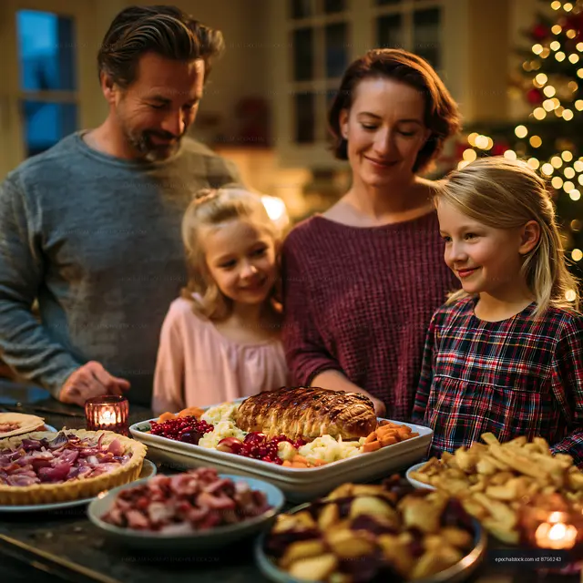 Family enjoys holiday meal together in warm kitchen