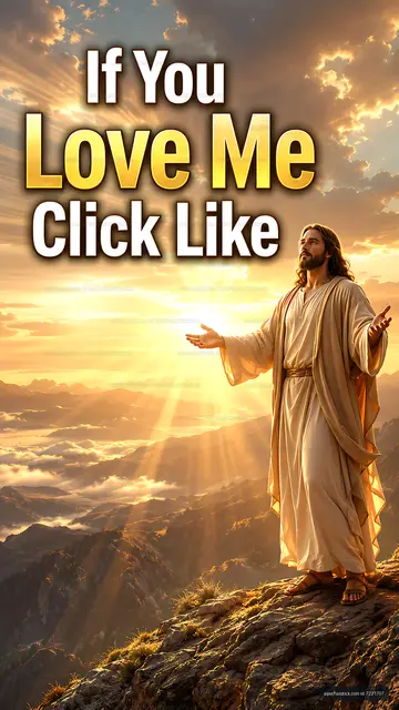 Jesus standing on a mountain at sunset with hands raised