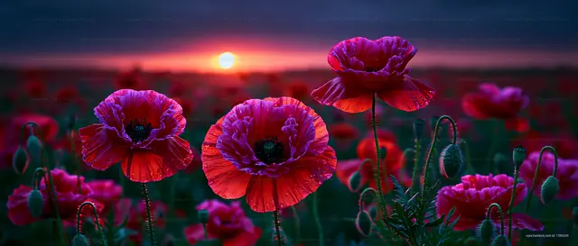 Vibrant poppies bloom at sunset in an open field