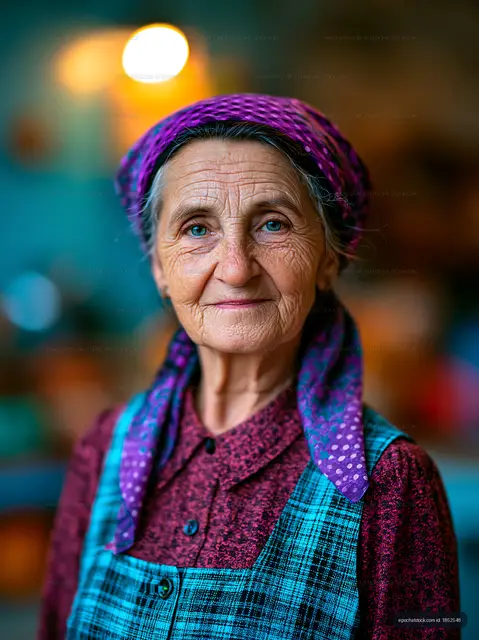 Portrait of elderly woman with scarf in indoor setting