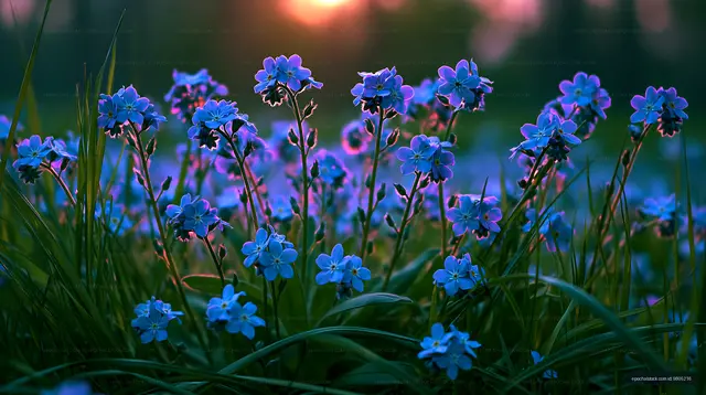 Wildflowers bloom in a field at sunset