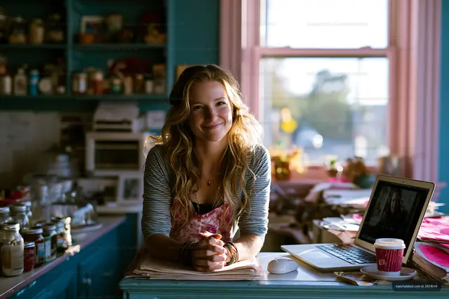 Young woman smiling at kitchen table with laptop and coffee cup