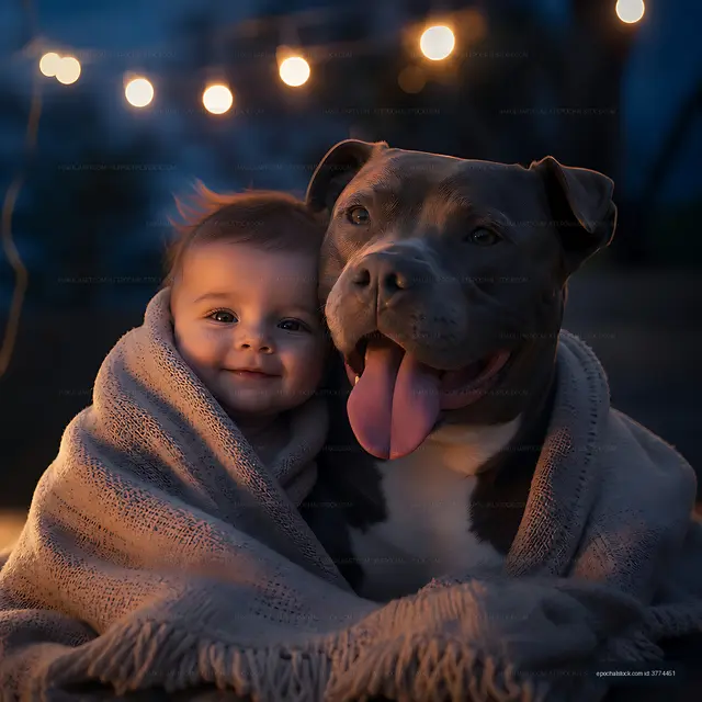 Child and dog cuddle under blanket during evening