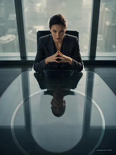Businesswoman in office with city view at large table