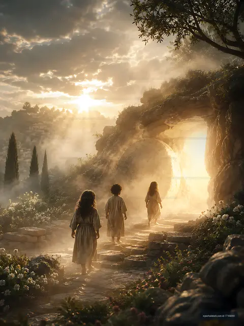 Children walk through a stone arch with sunlight shining