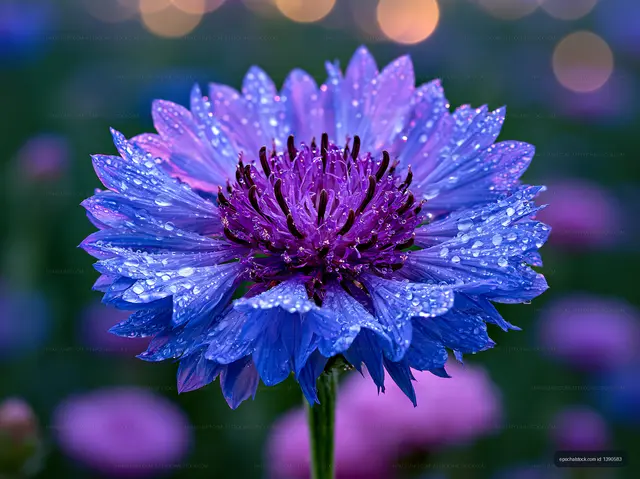 Vibrant blue flower with water droplets in a garden setting