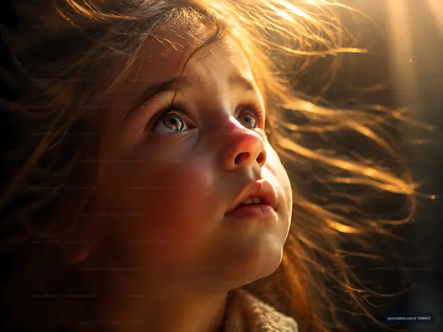 Child looking up with wonder and curiosity