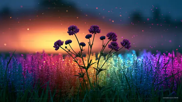 Colorful flower field at sunset with glowing highlights