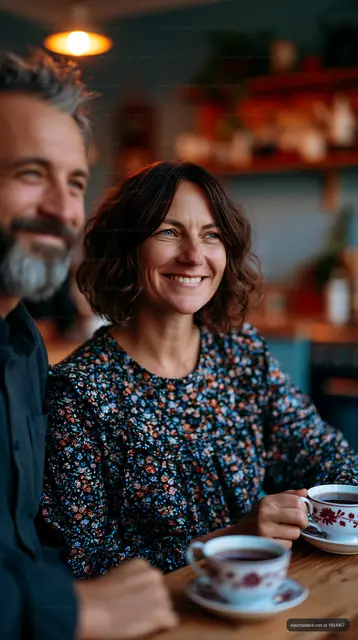 Couple enjoying coffee together in a cozy cafe setting