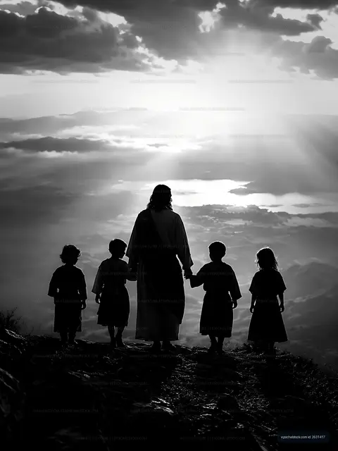 Figures walking hand in hand on a mountain at sunset
