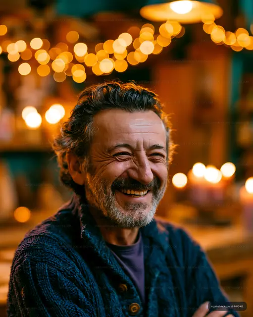 Smiling man with gray hair in a cozy indoor setting