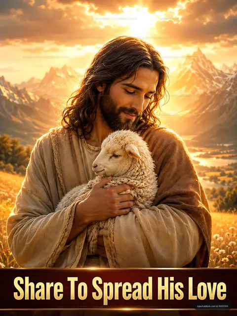 Follower holds lamb in sunset among mountains