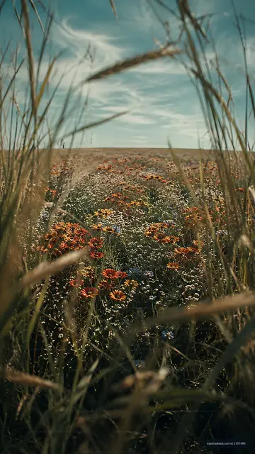 Colorful wildflowers in a grassy field under a blue sky