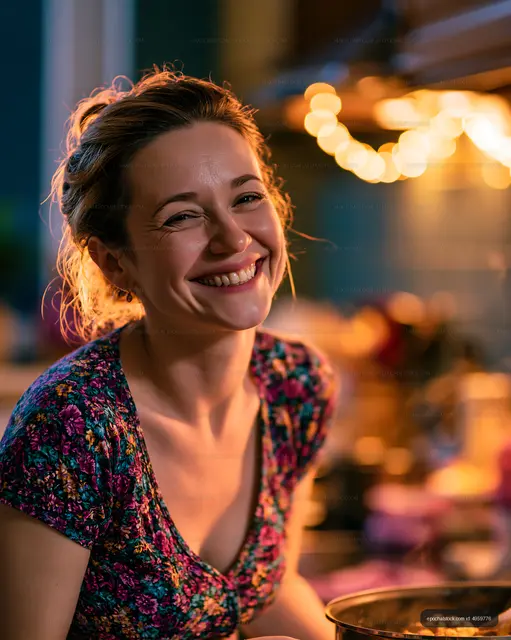 Woman smiles while cooking in a kitchen with warm lights