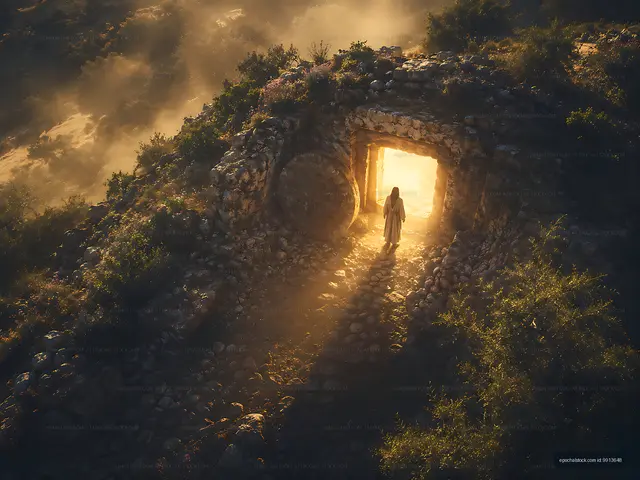 Person standing at the entrance of a cave in the sunrise