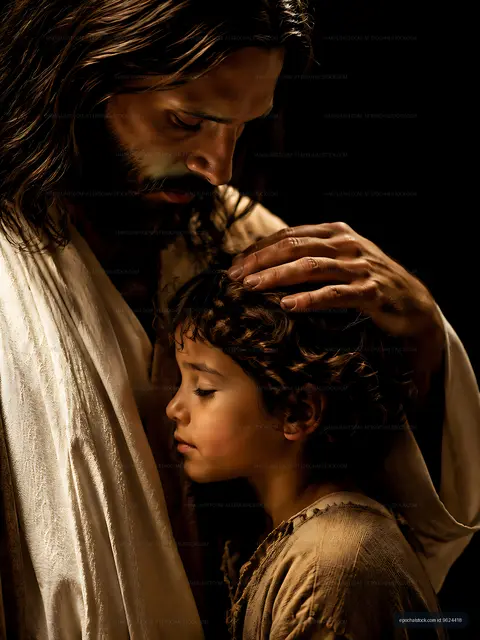 Man comforts child in a dimly lit setting
