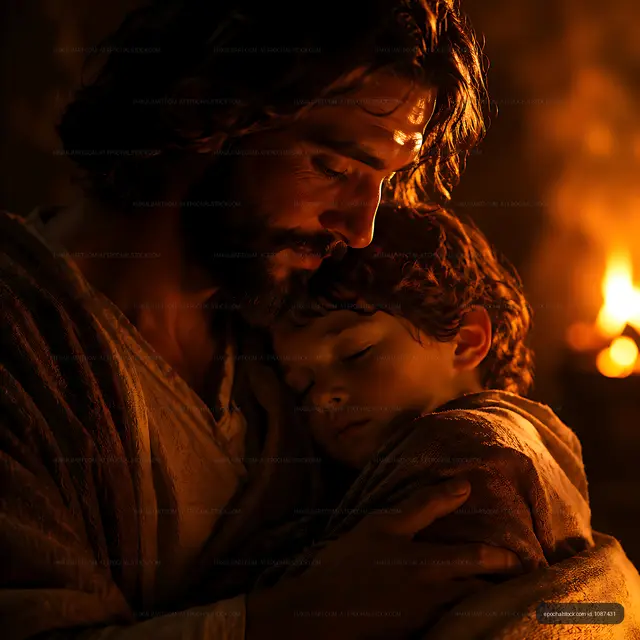 Father holding child in a warm setting