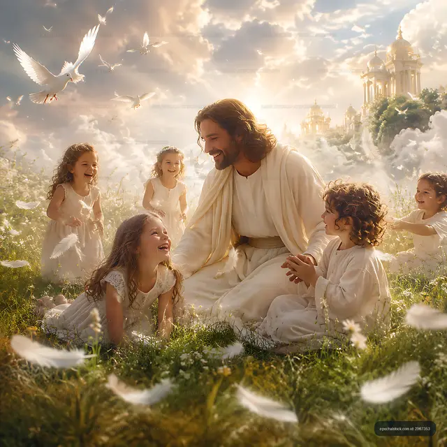 Children playing with man in white robe in a bright field