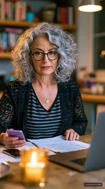 Woman working at home with laptop and documents